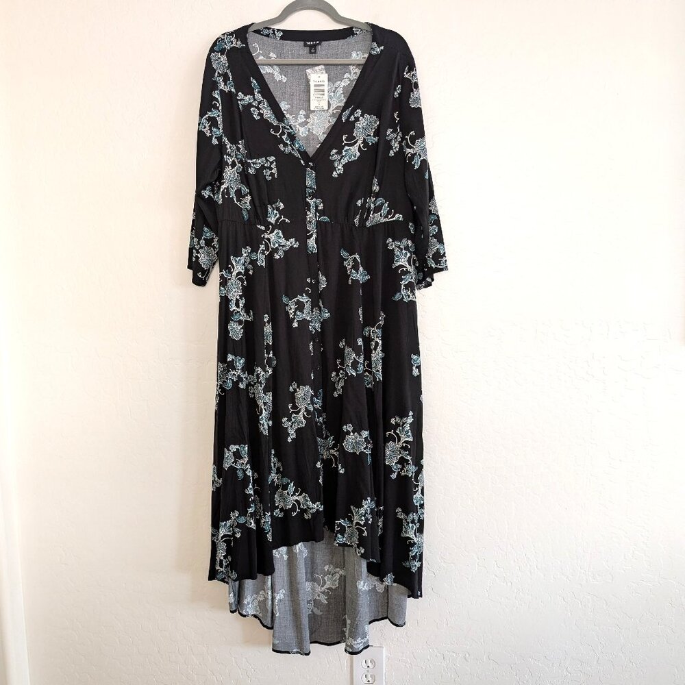 TORRID Dress 2 Black Floral Maxi High Low Hem V Neck 3/4 Sleeve Button Front - Picture 2 of 16